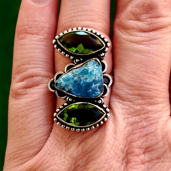 New Rough Blue Kyanite & Peridot 925 Silver Ring. - Picture 1 of 7